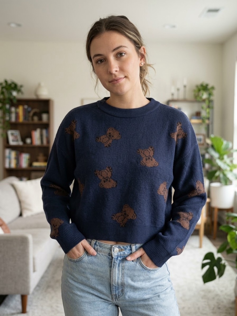 Arden B Navy Crewneck Sweater with Brown Bear Motif